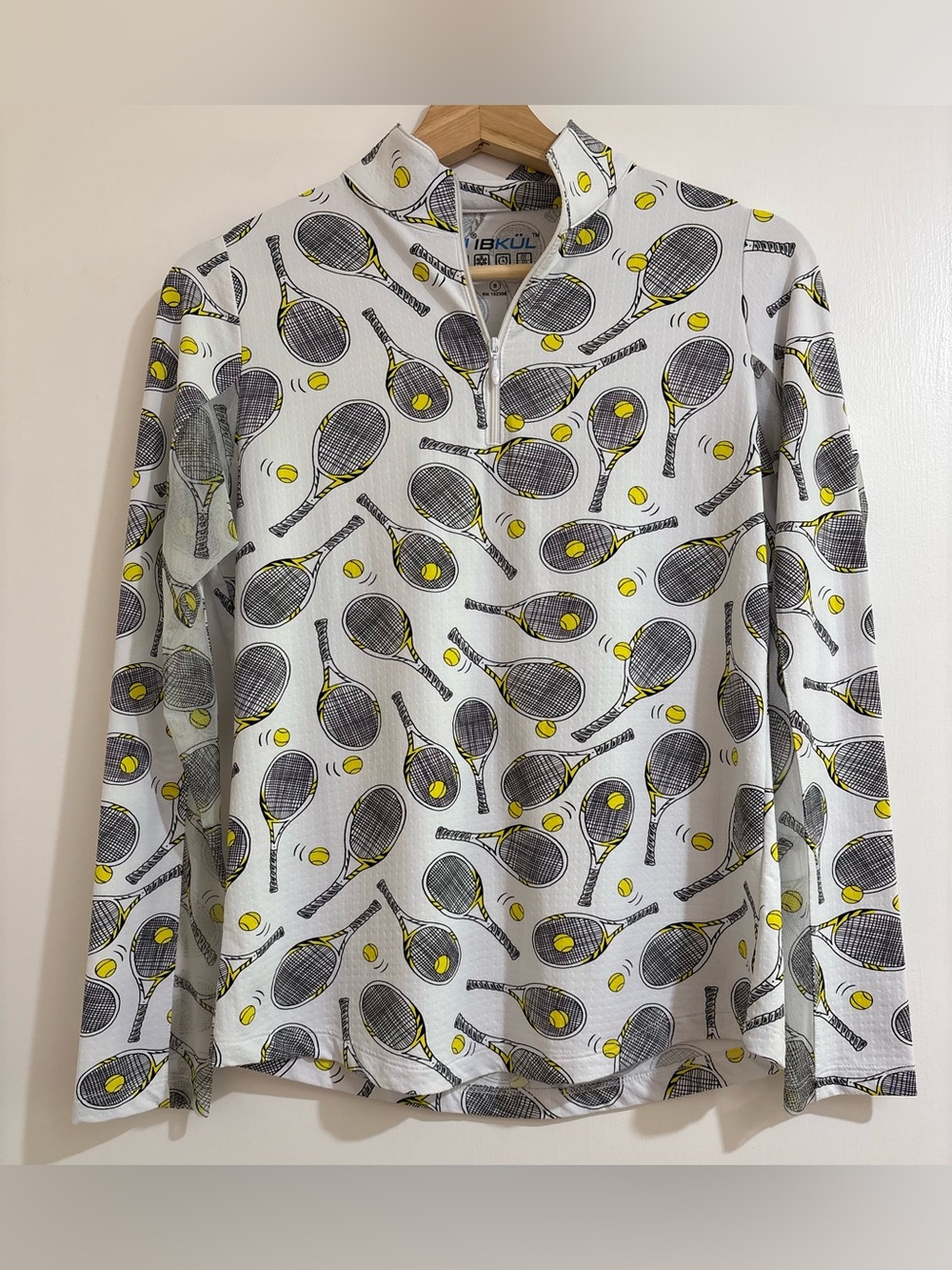 IBKUL Tennis Racket Print Mock Neck Zip Sun Shirt Small UPF 50 Long Sleeve